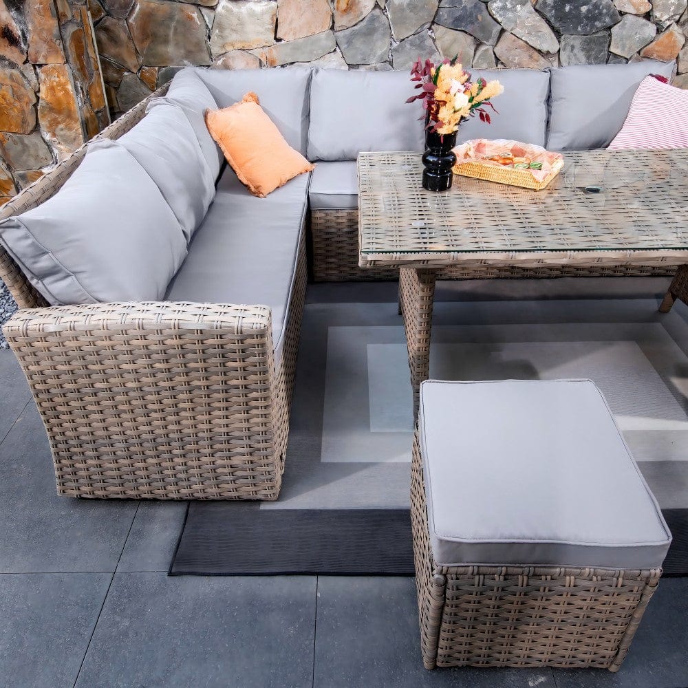 Rosen 9 Seater Rattan Corner Sofa Dining Table With Parasol Hole Set Nature