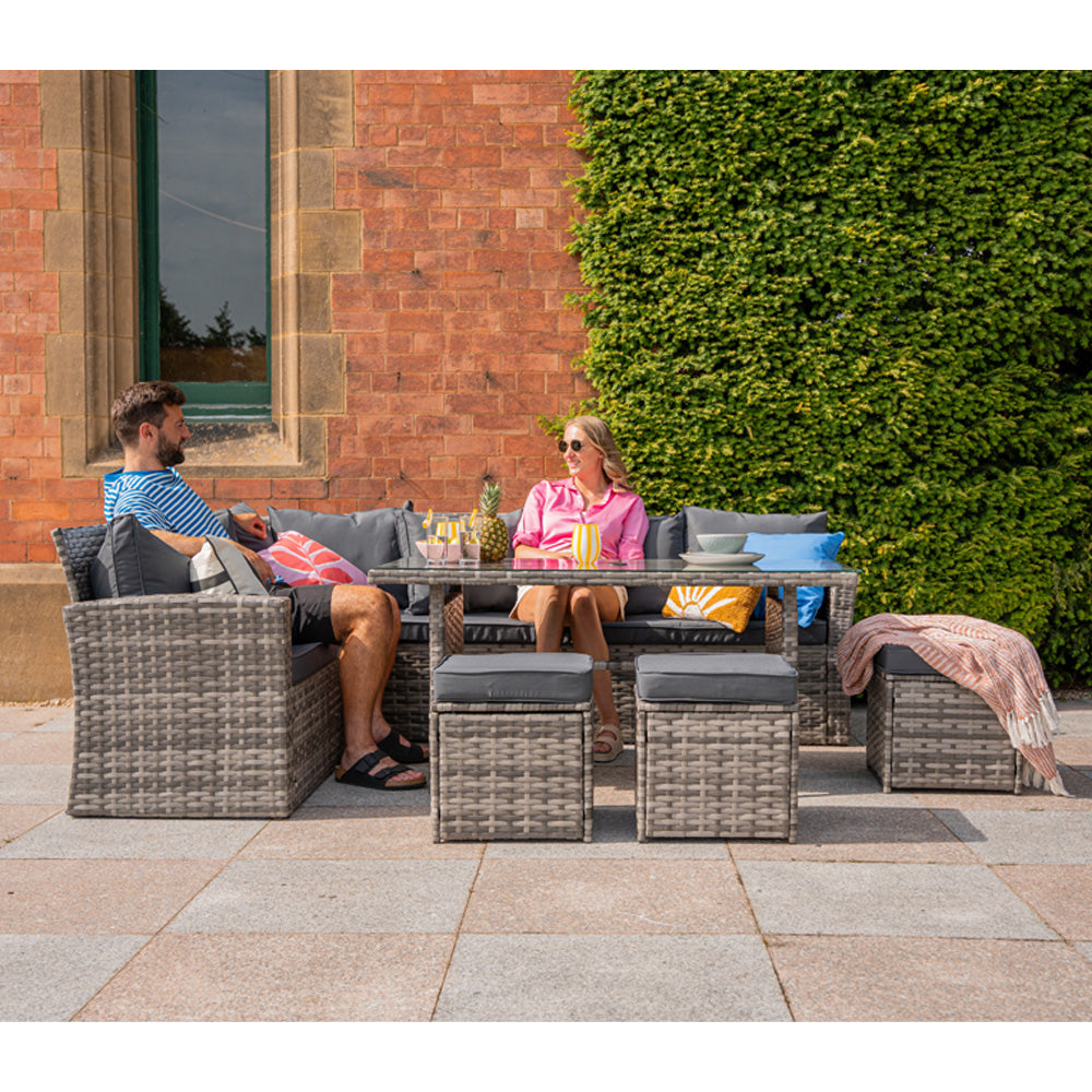 Rosen 9 Seater Rattan Garden Furniture Corner Sofa Dining Set In Grey