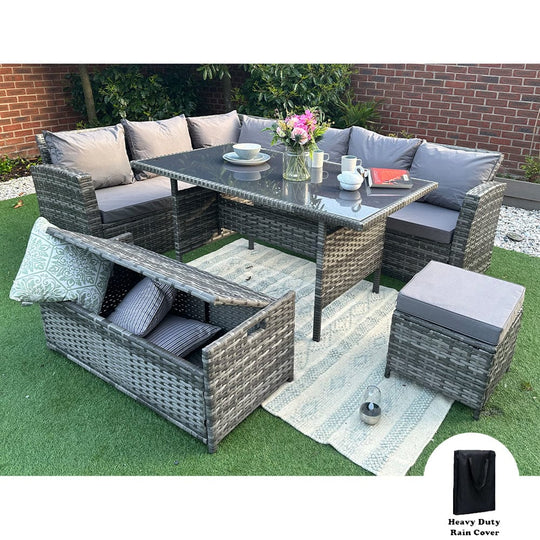 Rosen 9 Seater Rattan Garden Dining Set With Storage Bench In Grey