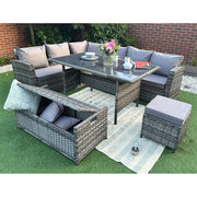 Rosen 9 Seater Rattan Garden Dining Set In Grey with Storage Bench