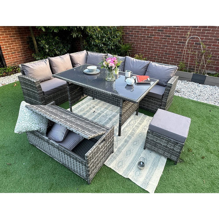 Rosen 9 Seater Rattan Garden Dining Set In Grey with Storage Bench