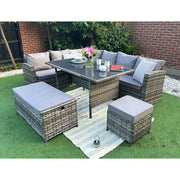 Rosen 9 Seater Rattan Garden Dining Set In Grey with Storage Bench