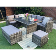 Rosen 9 Seater Rattan Garden Dining Set In Grey with Storage Bench