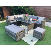 Rosen 9 Seater Rattan Garden Dining Set In Grey with Storage Bench