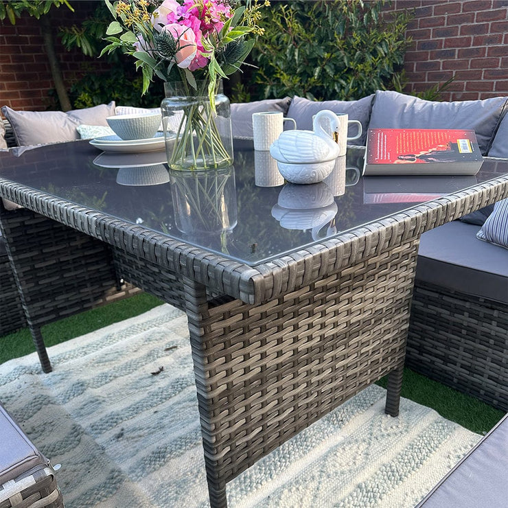 Rosen 9 Seater Rattan Garden Dining Set In Grey with Storage Bench