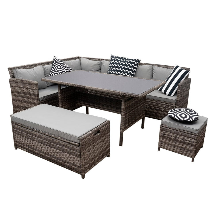 Rosen 9 Seater Rattan Garden Dining Set In Grey with Storage Bench