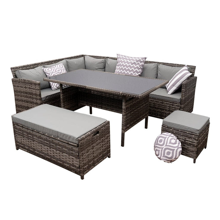 Rosen 9 Seater Rattan Garden Dining Set In Grey with Storage Bench