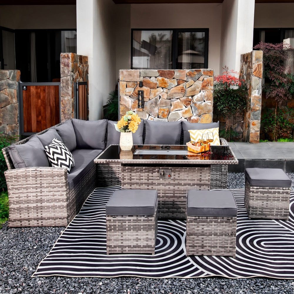 Rosen 9 Seater Fire Pit Rattan Garden Furniture Corner Dining Sofa Set