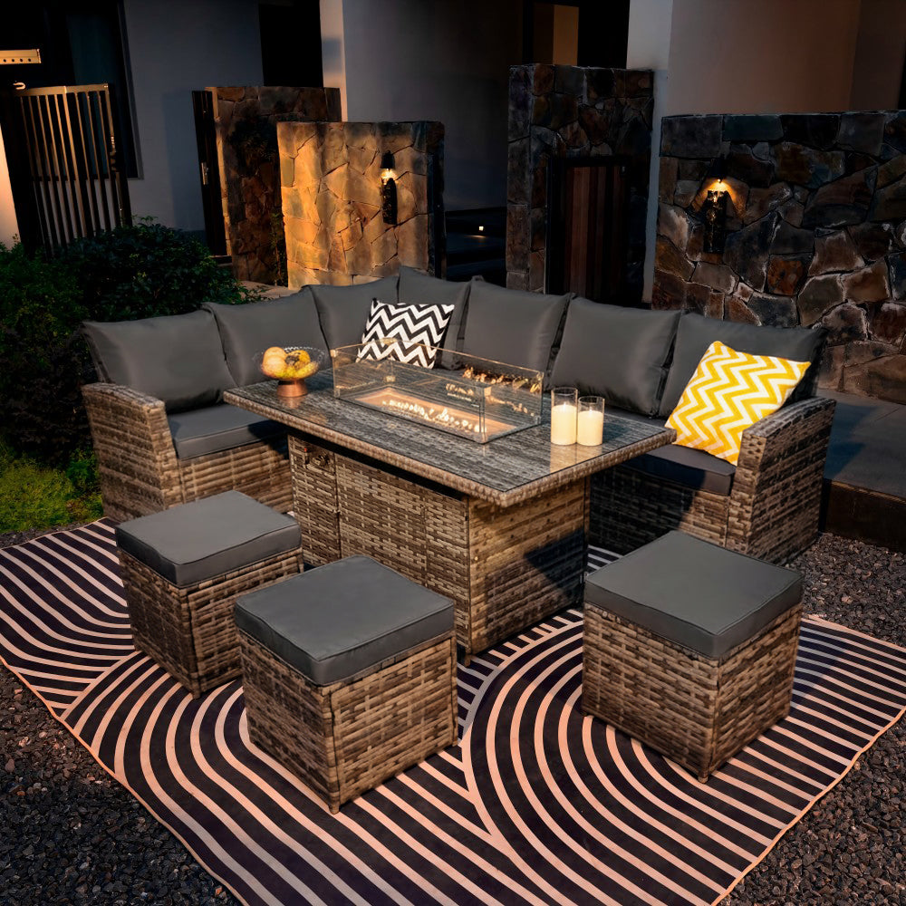 Rosen 9 Seater Fire Pit Rattan Garden Furniture Corner Dining Sofa Set