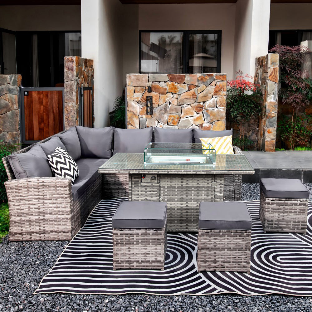 Rosen 9 Seater Fire Pit Rattan Garden Furniture Corner Dining Sofa Set