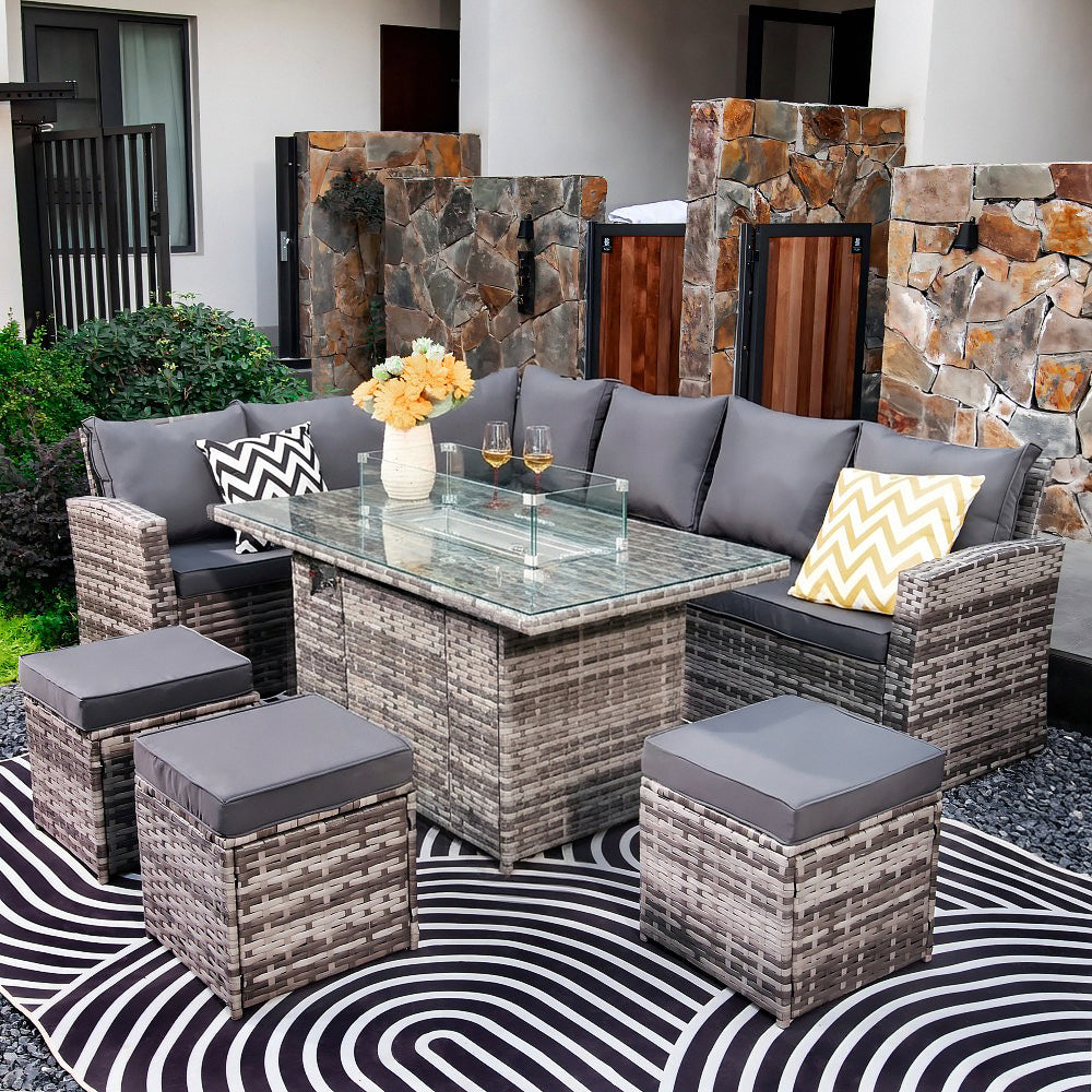 Rosen 9 Seater Fire Pit Rattan Garden Furniture Corner Dining Sofa Set