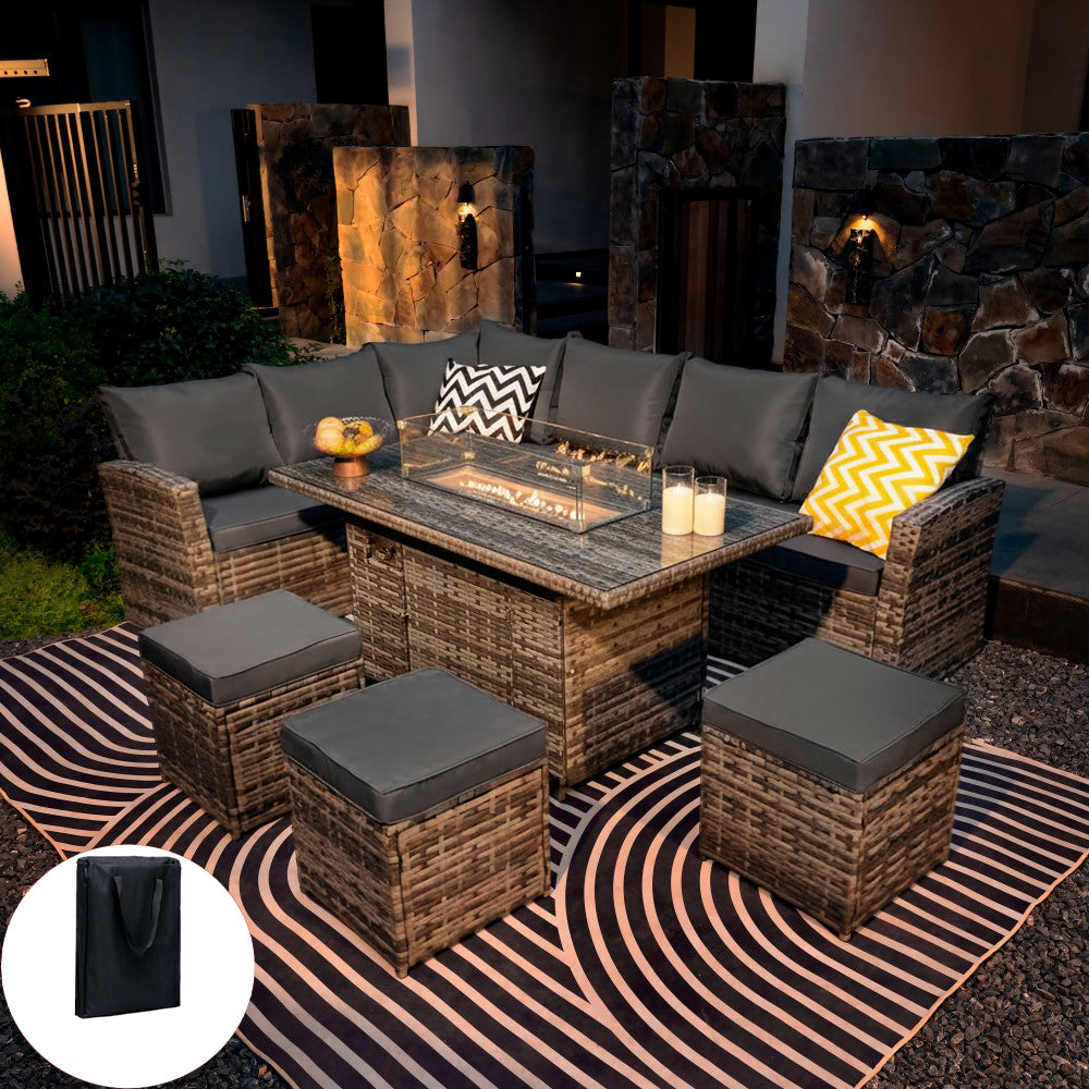 Rosen 9 Seater Fire Pit Rattan Garden Furniture Corner Dining Sofa Set