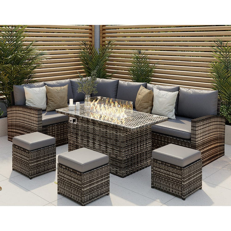 Rosen 9 Seater Fire Pit Rattan Garden Furniture Corner Dining Sofa Set In Grey