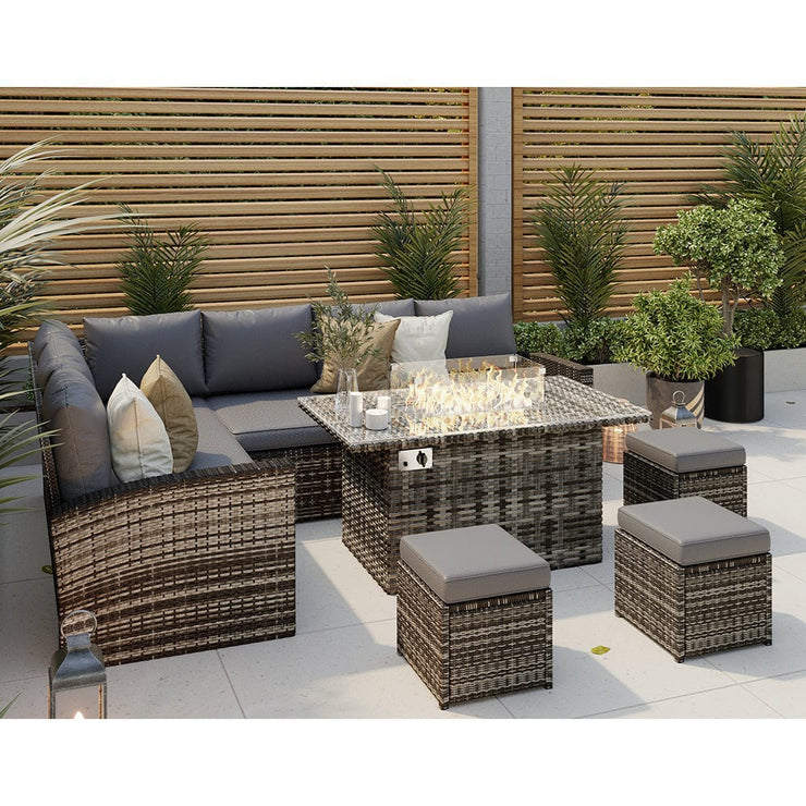 Rosen 9 Seater Fire Pit Rattan Garden Furniture Corner Dining Sofa Set In Grey