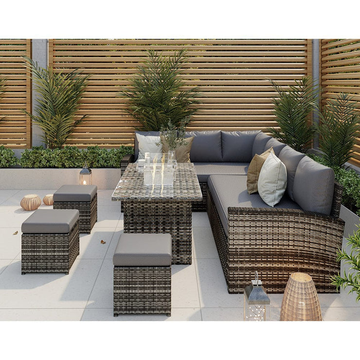 Rosen 9 Seater Fire Pit Rattan Garden Furniture Corner Dining Sofa Set In Grey