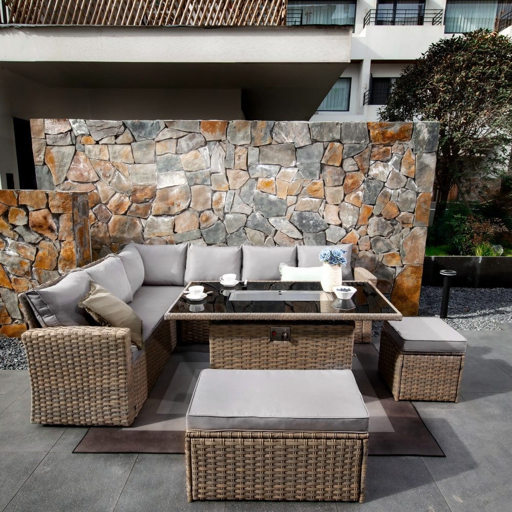 Rosen 9 Seater Rattan Garden Furniture Corner Sofa Set with Fire pit Dining Table