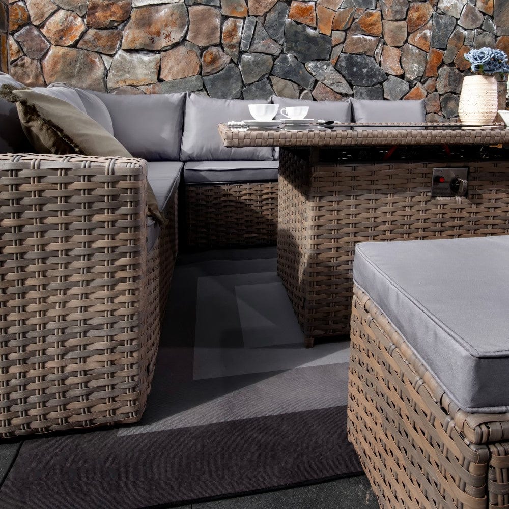 Rosen 9 Seater Rattan Garden Furniture Corner Sofa Set with Fire pit Dining Table