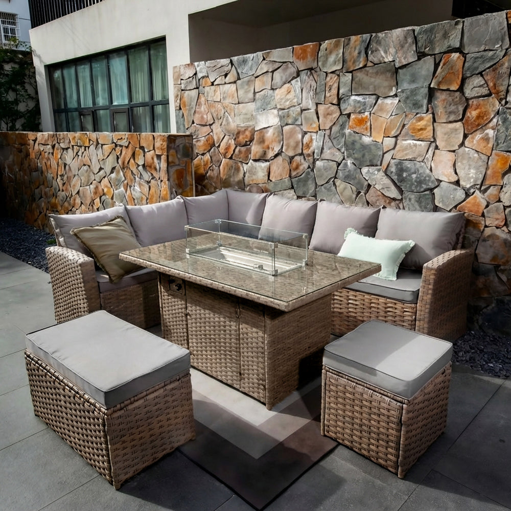 Rosen 9 Seater Rattan Garden Furniture Corner Sofa Set with Fire pit Dining Table