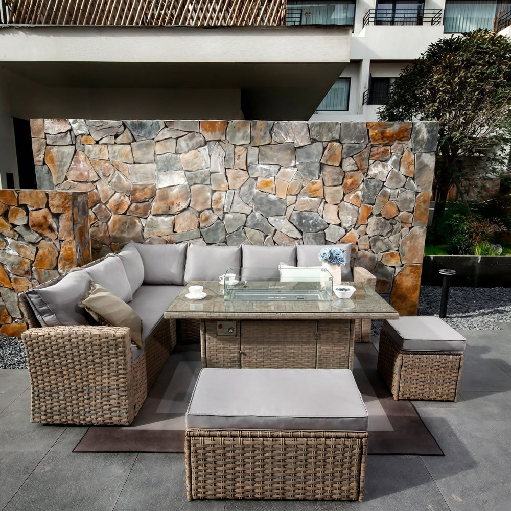 Rosen 9 Seater Rattan Garden Furniture Corner Sofa Set with Fire pit Dining Table