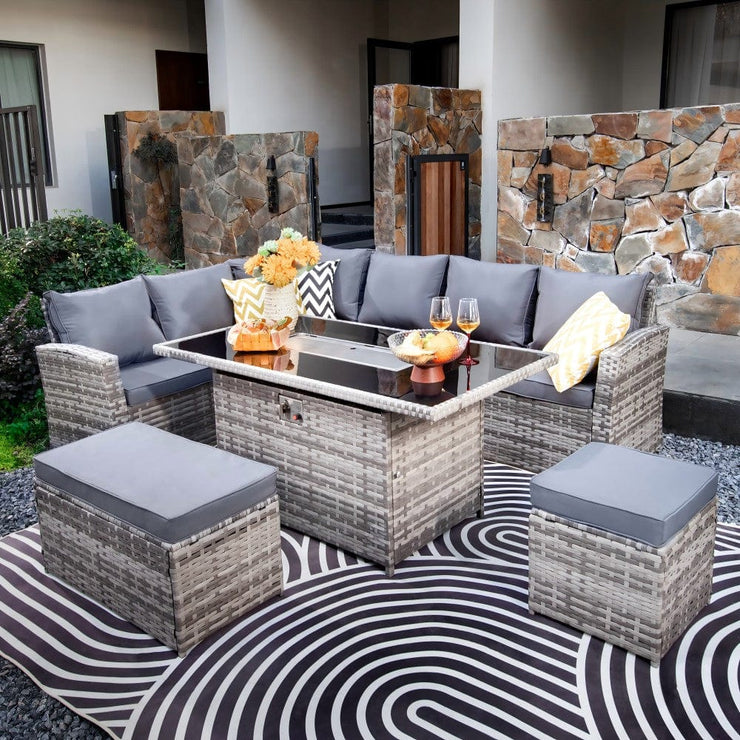 Rosen 9 Seater Rattan Garden Furniture Corner Sofa Set with Fire pit Dining Table