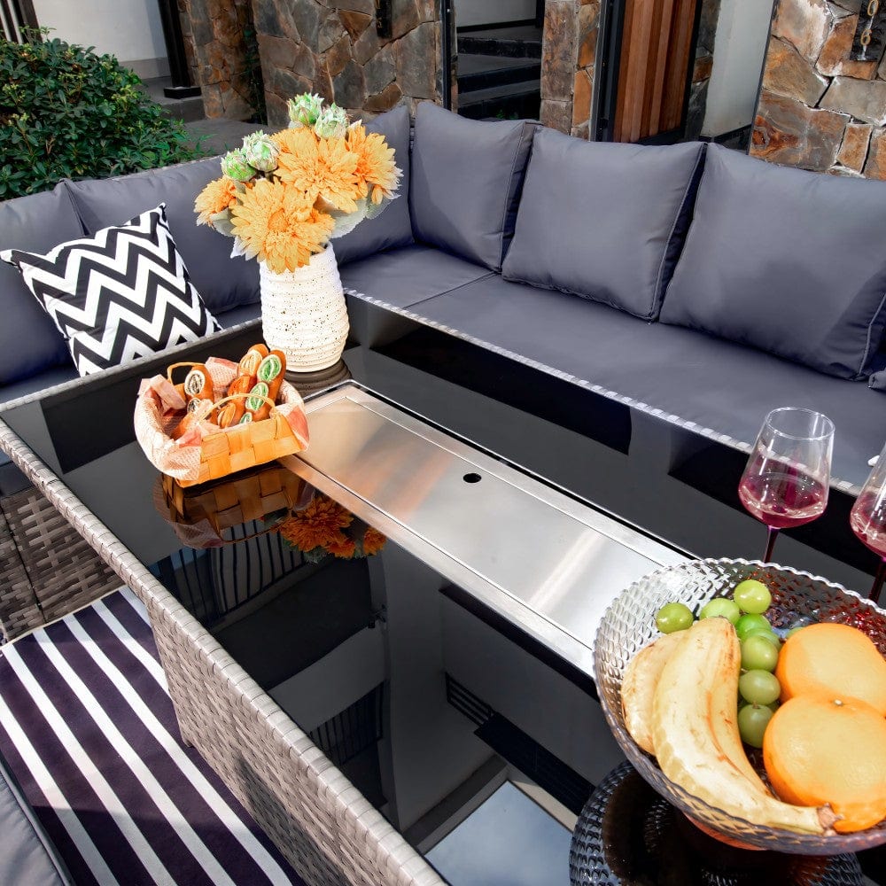 Rosen 9 Seater Rattan Garden Furniture Corner Sofa Set with Fire pit Dining Table