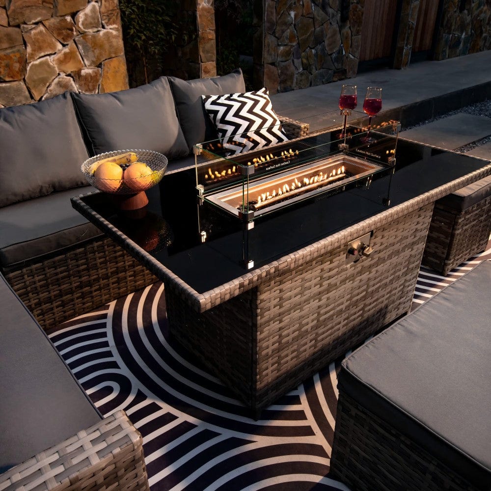 Rosen 9 Seater Rattan Garden Furniture Corner Sofa Set with Fire pit Dining Table