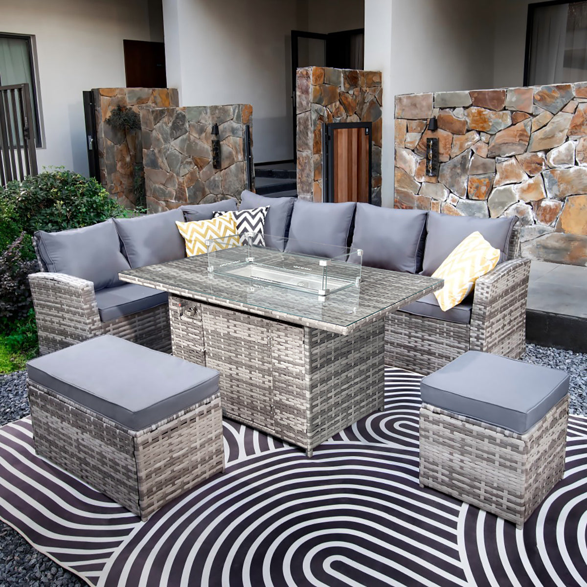 Rosen 9 Seater Rattan Garden Furniture Corner Sofa Set with Fire pit Dining Table