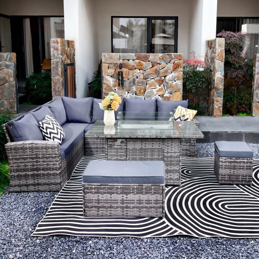 Rosen 9 Seater Rattan Garden Furniture Corner Sofa Set with Fire pit Dining Table