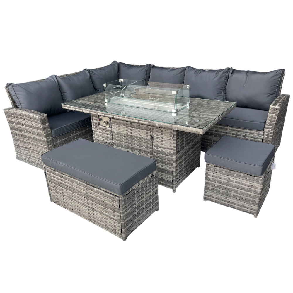 Rosen 9 Seater Rattan Garden Furniture Corner Sofa Set with Fire pit Dining Table