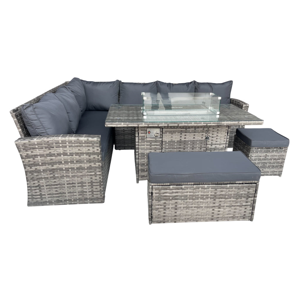 Rosen 9 Seater Rattan Garden Furniture Corner Sofa Set with Fire pit Dining Table