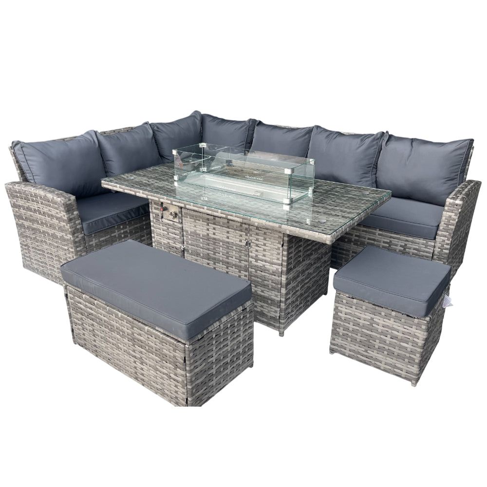 Rosen 9 Seater Rattan Garden Furniture Corner Sofa Set with Fire pit Dining Table