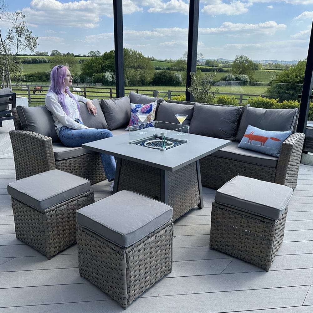 Rosen Rattan Garden Furniture 9 Seater Corner Sofa Set with Fire pit Dining Table in Mixed Nature And Grey