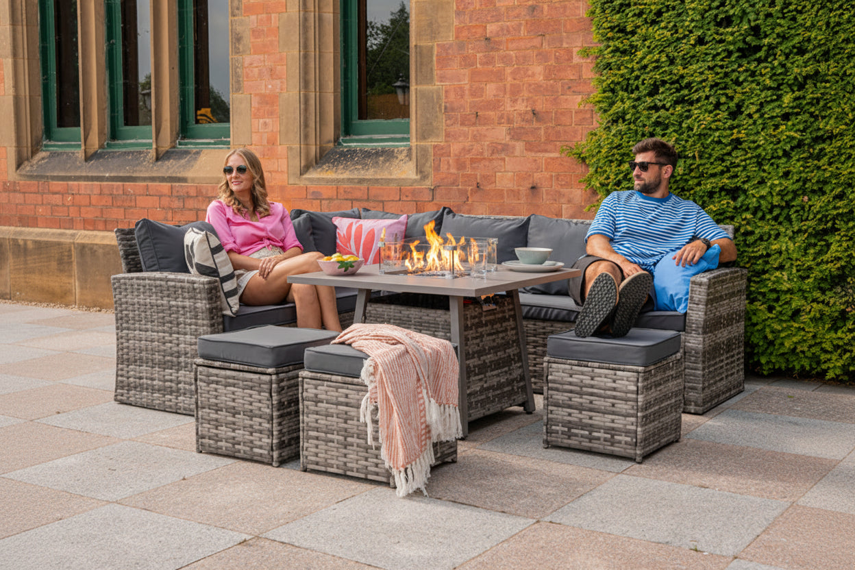 Rosen 9 Seater Rattan Garden Furniture Cubic Fire Pit Table Set
