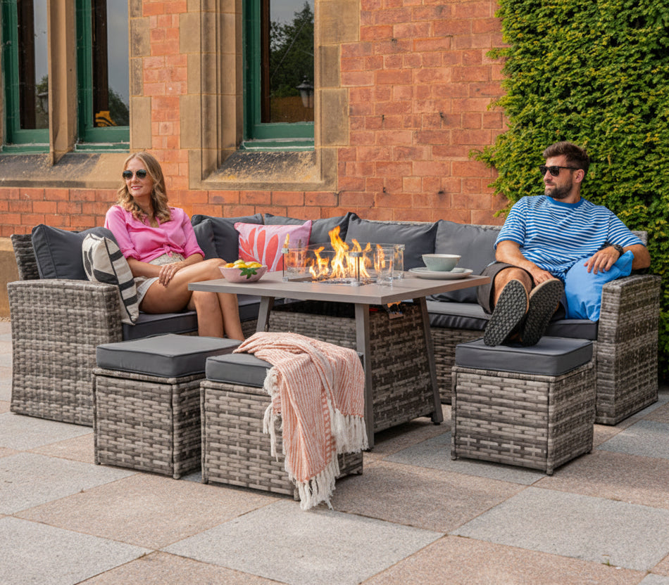 Rosen 9 Seater Rattan Garden Furniture Cubic Fire Pit Table Set
