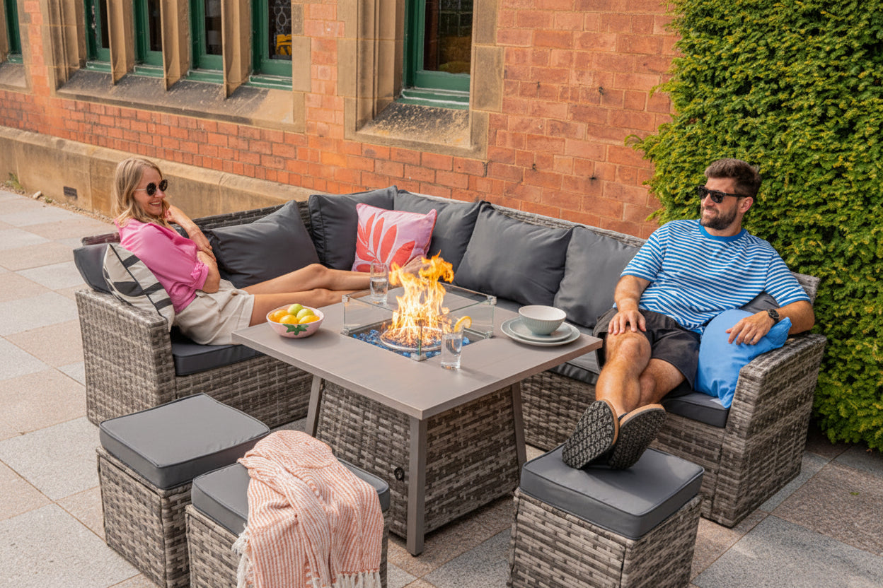 Rosen 9 Seater Rattan Garden Furniture Cubic Fire Pit Table Set