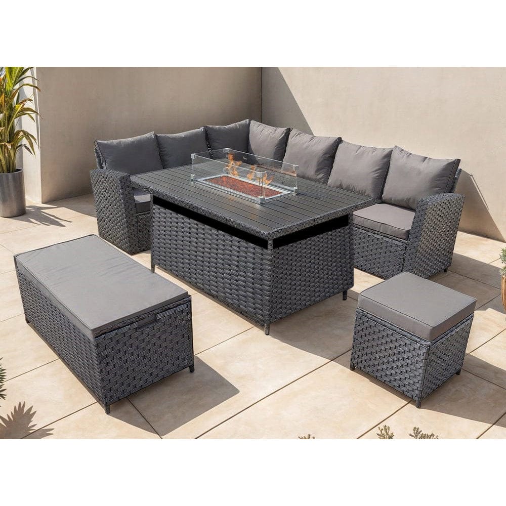 Rosen 9 Seater Rattan Garden Furniture Corner Sofa Set With Aluminum Fire Pit Dining Table And Storage Box