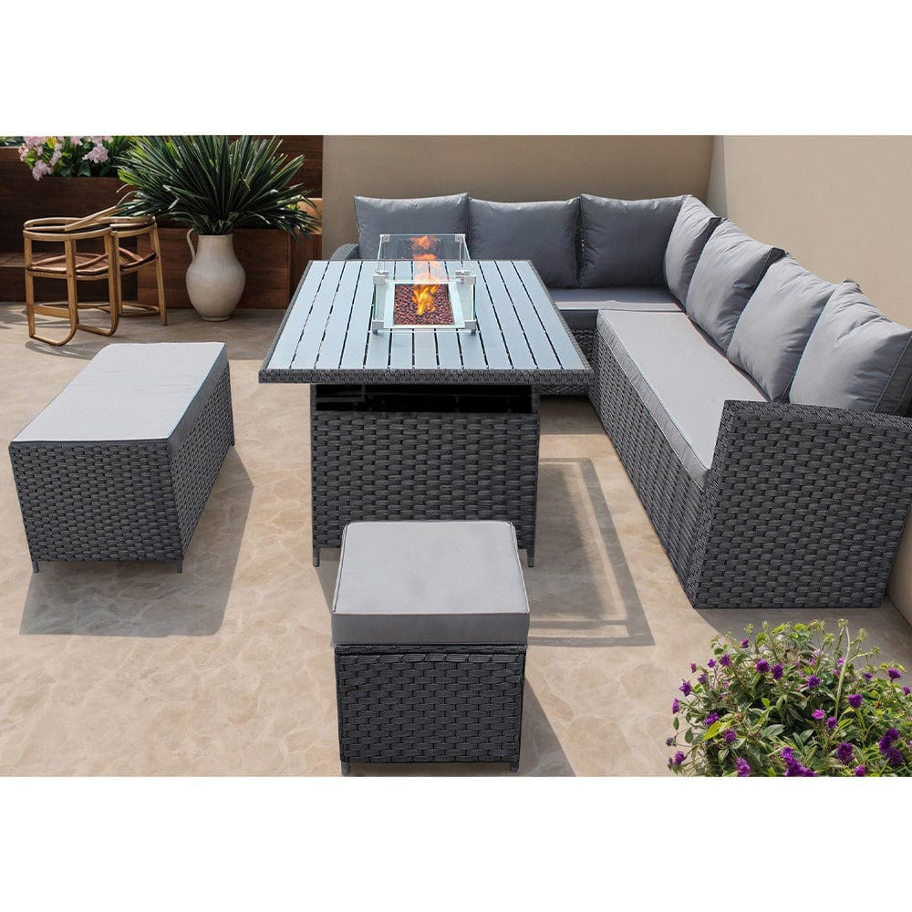 Rosen 9 Seater Rattan Garden Furniture Corner Sofa Set With Aluminum Fire Pit Dining Table And Storage Box
