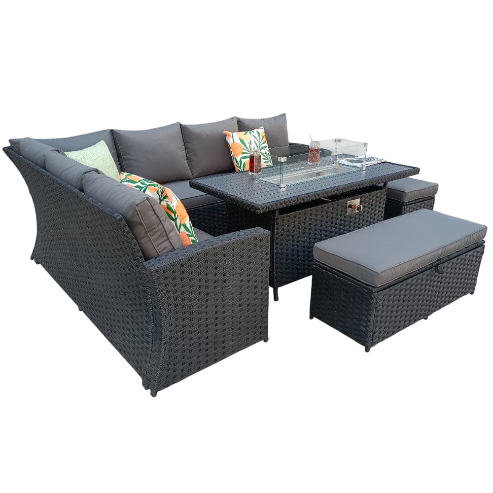 Rosen 9 Seater Rattan Garden Furniture Corner Sofa Set With Aluminum Fire Pit Dining Table And Storage Box