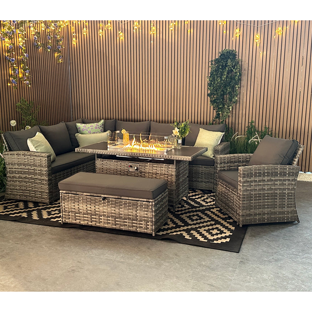Rosen 9 Seater Rattan Corner Sofa Set With Fire-pit Dining Table And Armchair And Storage Box
