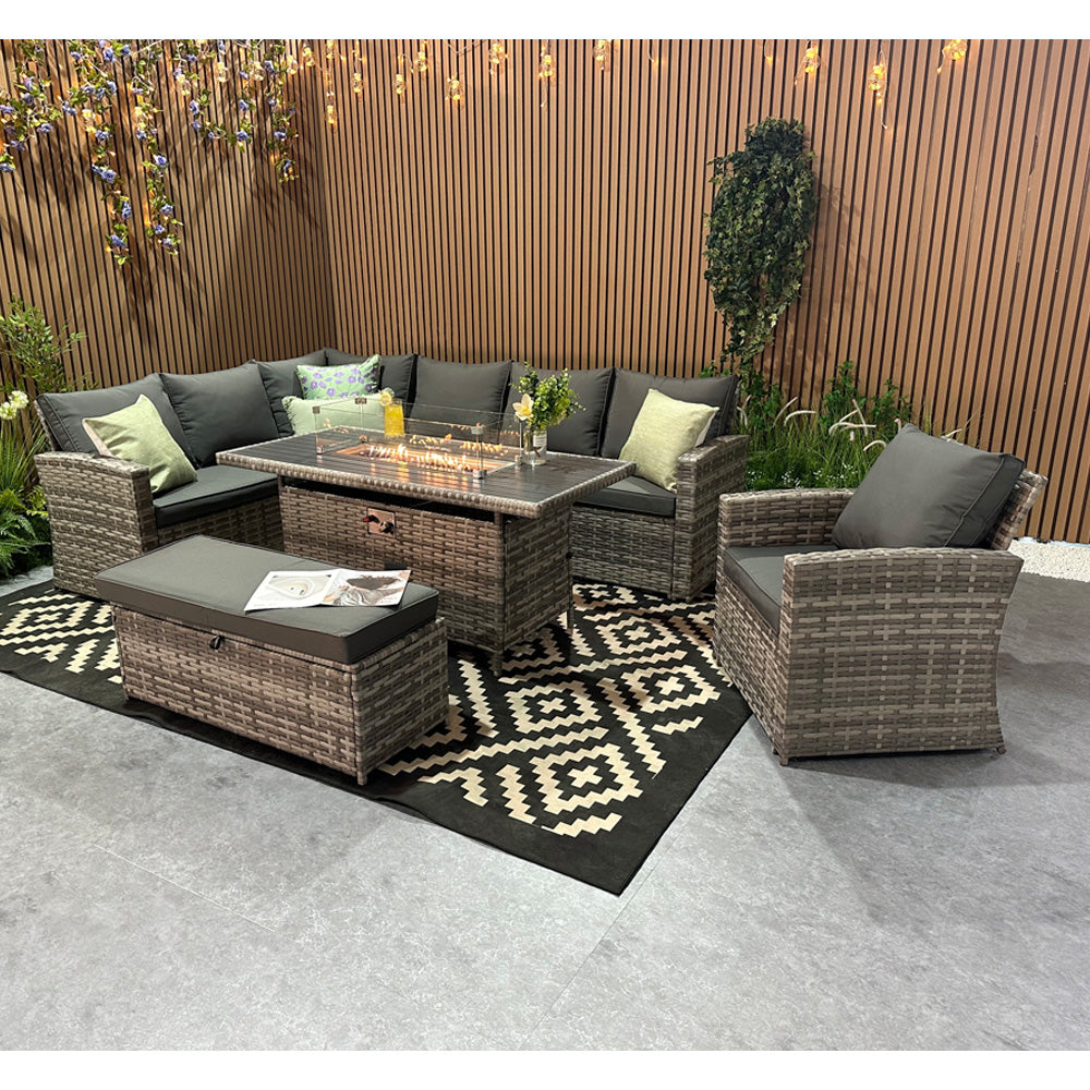 Rosen 9 Seater Rattan Corner Sofa Set With Fire-pit Dining Table And Armchair And Storage Box