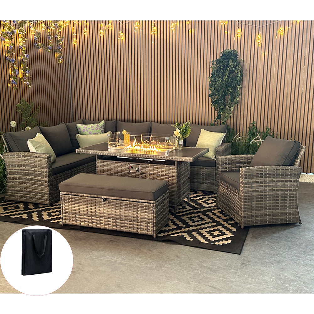 Rosen 9 Seater Rattan Corner Sofa Set With Fire-pit Dining Table And Armchair And Storage Box