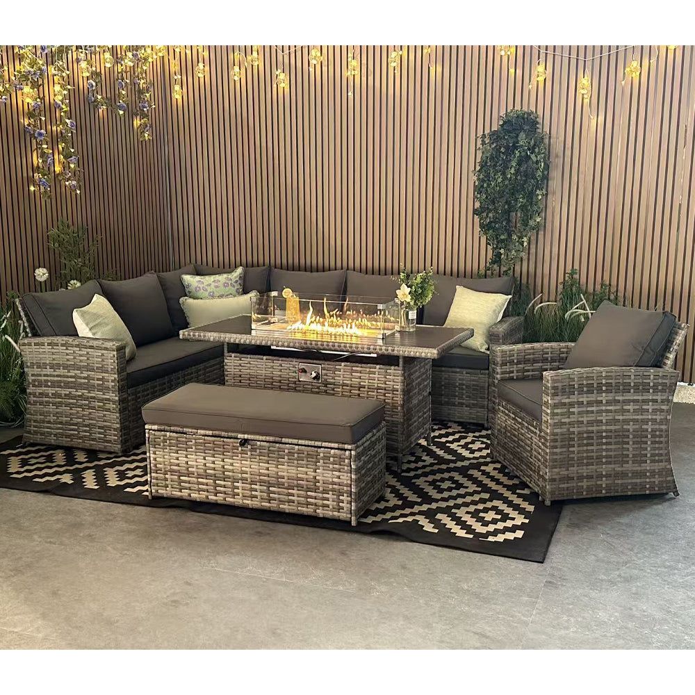 Rosen 9 Seater Rattan Corner Sofa Set With Fire-pit Dining Table And Armchair And Storage Box