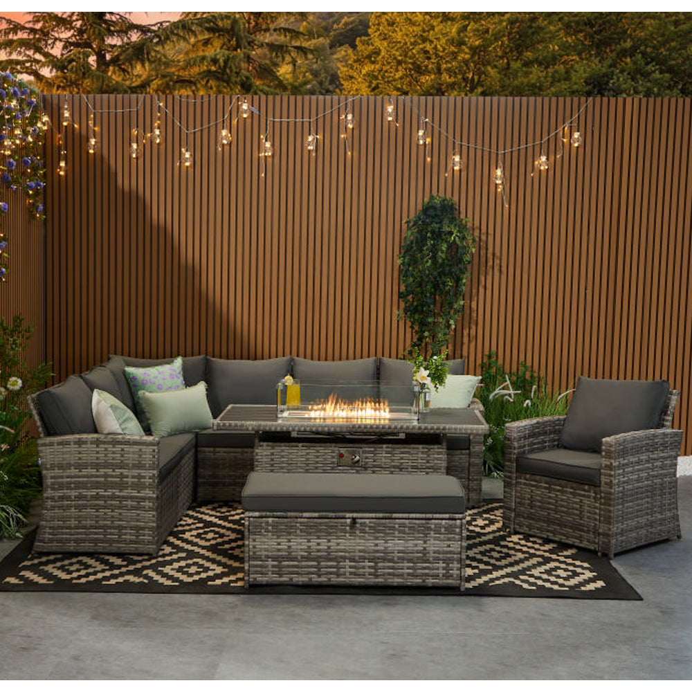 Rosen 9 Seater Rattan Corner Sofa Set With Aluminium Fire-pit Dining Table and Storage Box