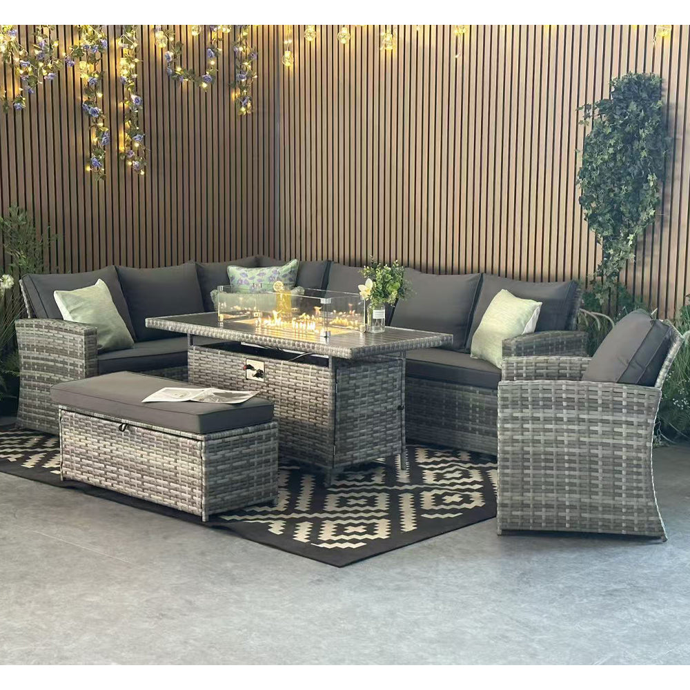 Rosen 9 Seater Rattan Corner Sofa Set With Fire-pit Dining Table And Armchair And Storage Box