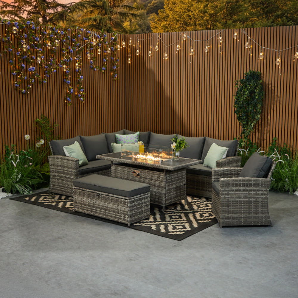Rosen 9 Seater Rattan Corner Sofa Set With Aluminium Fire-pit Dining Table and Storage Box
