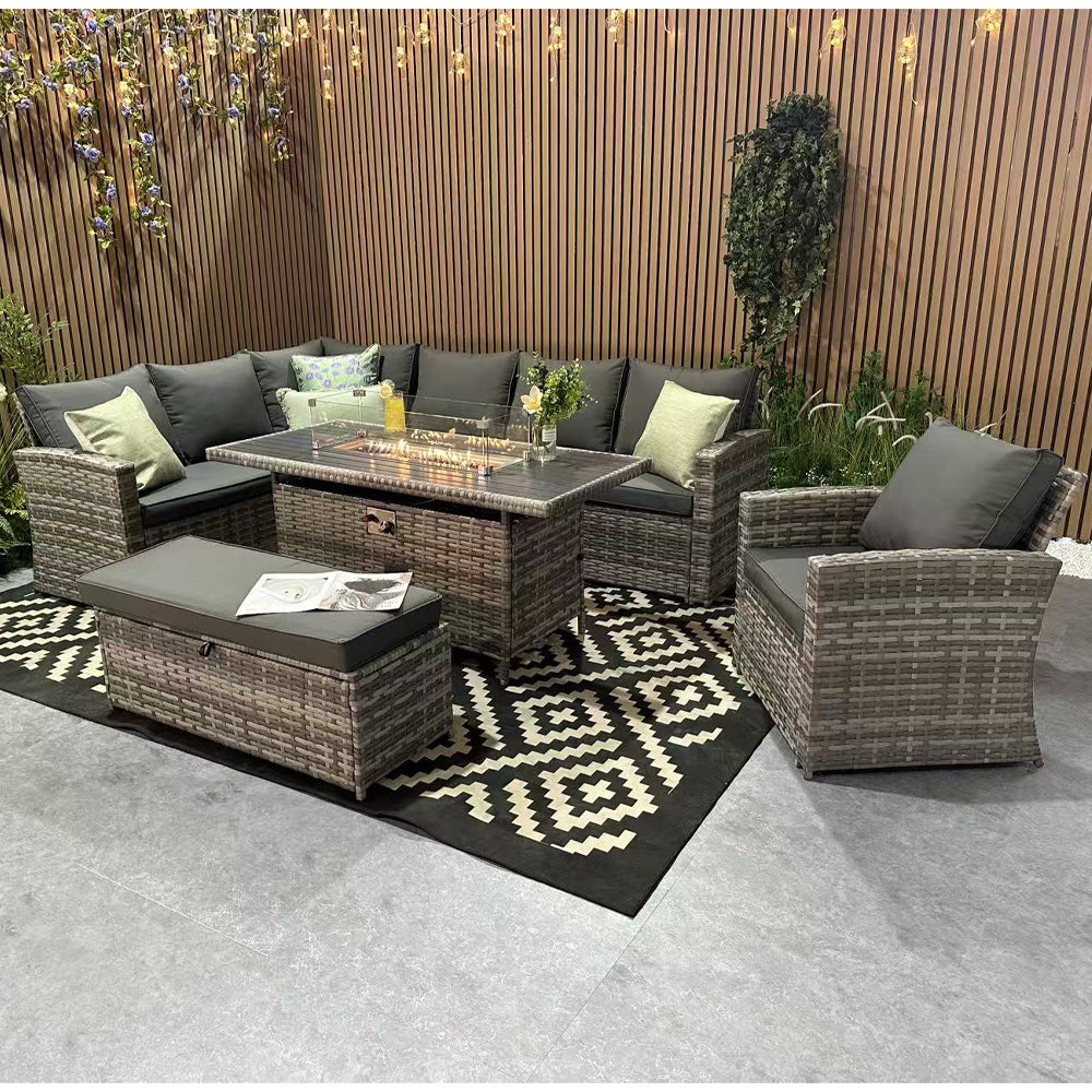 Rosen 9 Seater Rattan Corner Sofa Set With Fire-pit Dining Table And Armchair And Storage Box