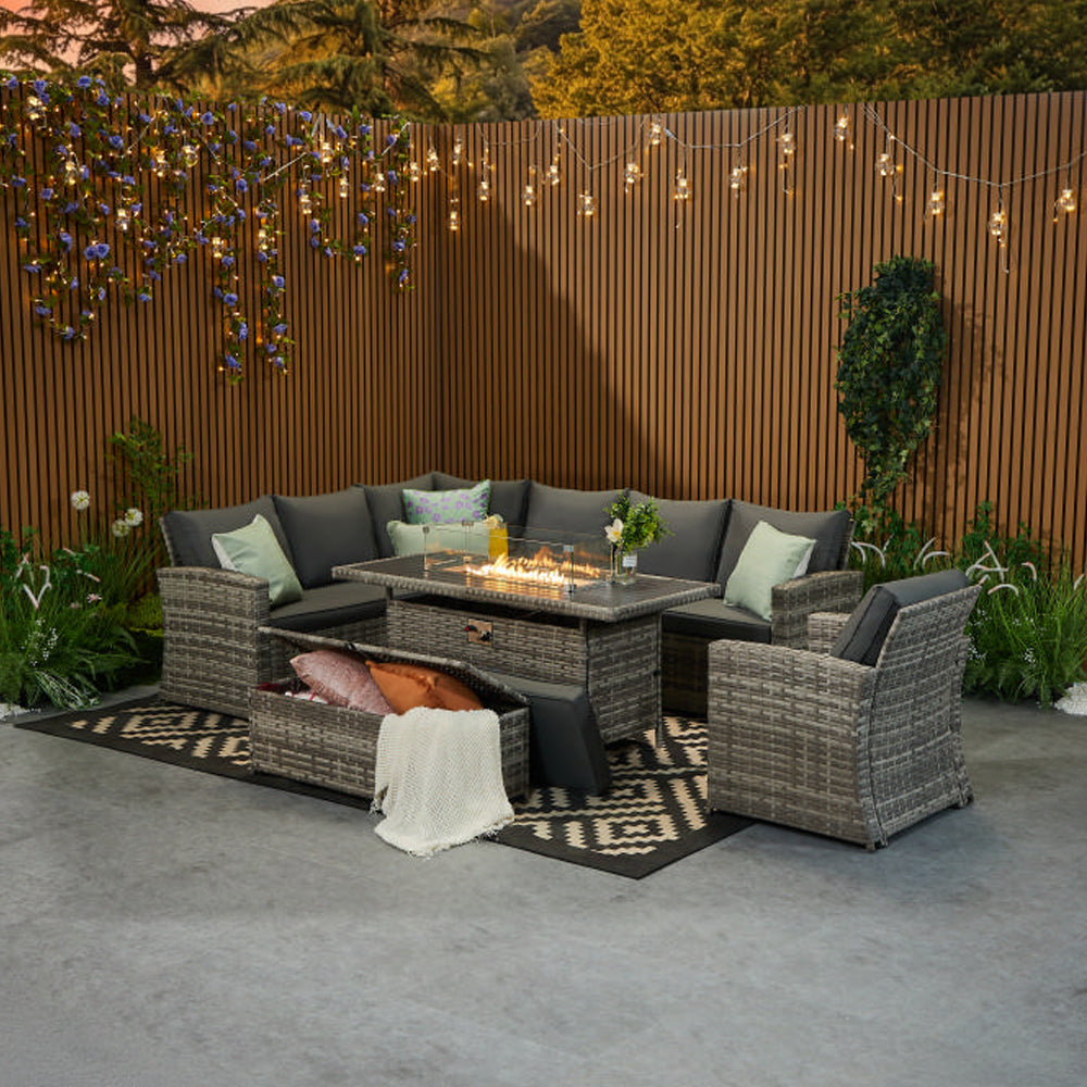 Rosen 9 Seater Rattan Corner Sofa Set With Aluminium Fire-pit Dining Table and Storage Box