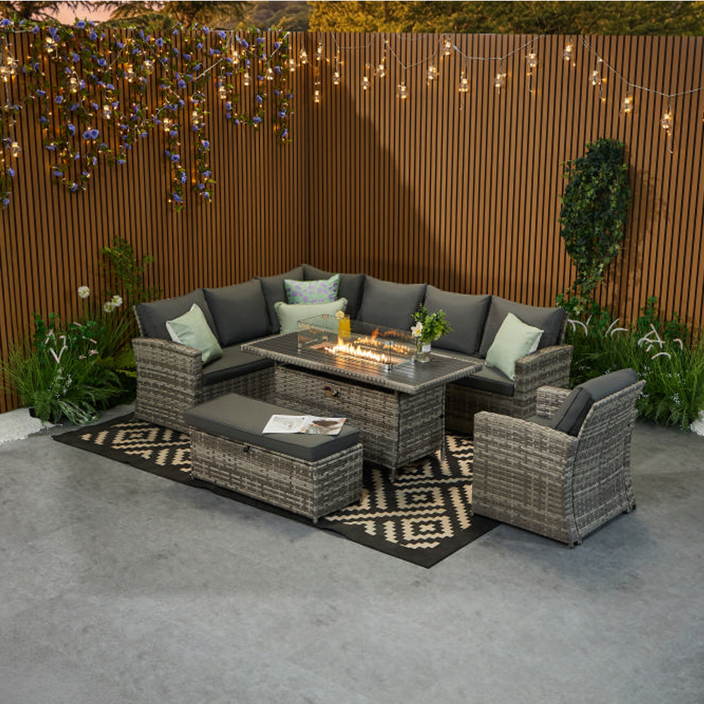 Rosen 9 Seater Rattan Corner Sofa Set With Aluminium Fire-pit Dining Table and Storage Box