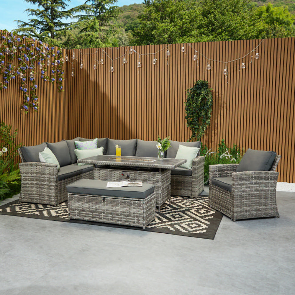 Rosen 9 Seater Rattan Corner Sofa Set With Aluminium Fire-pit Dining Table and Storage Box