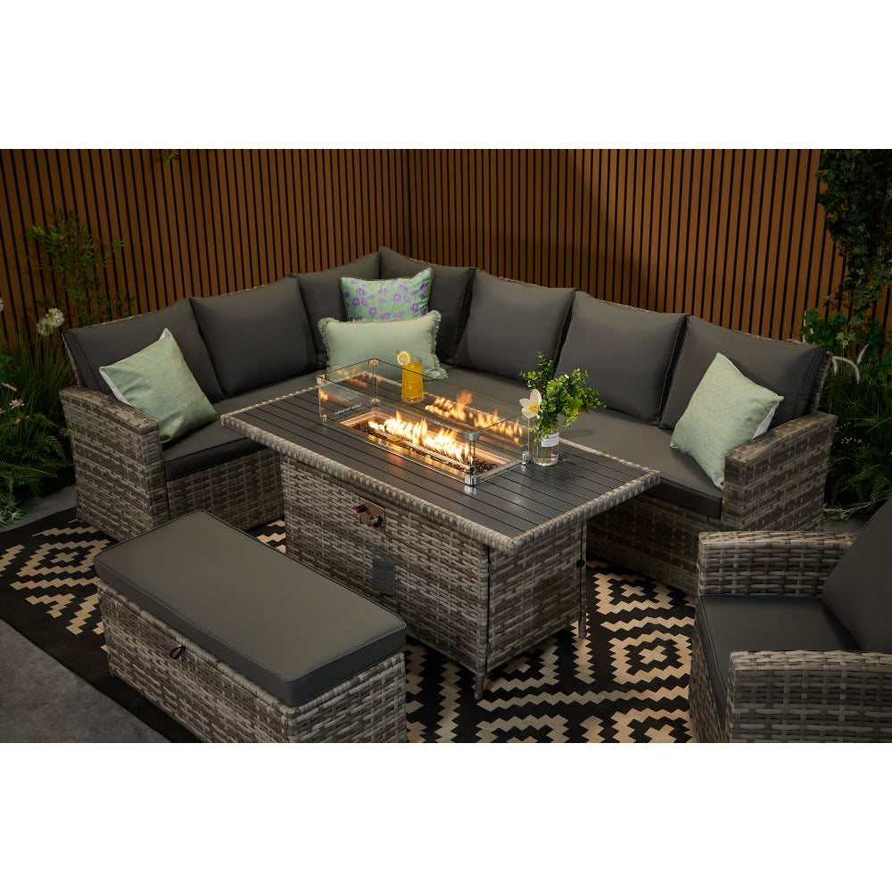 Rosen 9 Seater Rattan Corner Sofa Set With Aluminium Fire-pit Dining Table and Storage Box